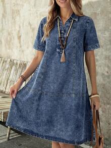 EMERY ROSE EMERY ROSE Women's Fashion Versatile Frog Button Short Sleeve Denim Dress Fall - Dark Wash - View 7