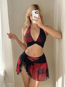Sweetina 女款 Y2k 外出度假花卉印花掛脖短版上衣與低腰花卉印花迷你裙套裝，夏威夷伊比薩風穿搭 - 黑色 - 查看 9