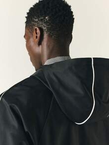 SUMWON Hooded Windbreaker Jacket With Full Zip Closure White Contrast Paneling Elastic Hem And Cuffs Logo Patch Detail - Black - View 2