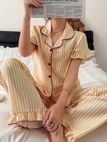 Napfluff Striped Colorblock Lapel Ruffle Pajama Set - Mustard Yellow - View 1