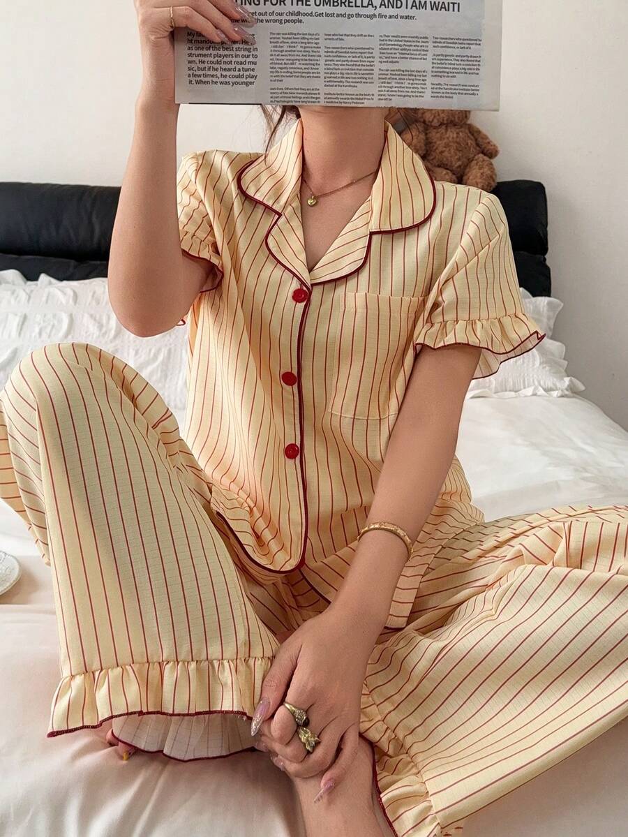 Napfluff Striped Colorblock Lapel Ruffle Pajama Set - Mustard Yellow - View 1