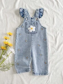 SHEIN Vintaside Kids 可愛女嬰藍色牛仔吊帶褲，荷葉袖、雛菊植物刺繡、口袋細節與肩帶設計，秋季款 - 藍色 - 查看 3
