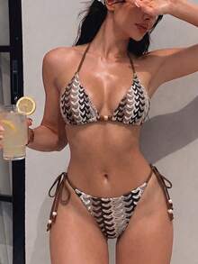Livesso Women's Summer Beach Party All-Over Print Halter Tie Sexy Tropical Bikini Two Pieces Swimwear Set Brown Stripe Vacation - Multicolor - View 7