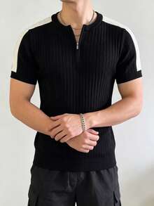 DAZY 男士圓領半開襟短袖對比色設計針織上衣 夏季款 - 黑色 - 查看 3