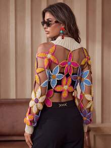 Anewsta Suéter de mujer de cuello redondo con patrón floral calado, manga larga, para primavera y otoño - Albaricoque - Ver 1