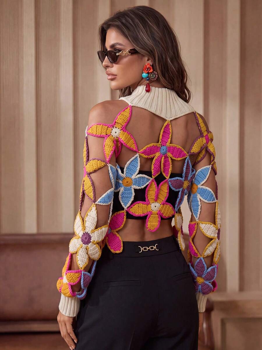 Anewsta Suéter de mujer de cuello redondo con patrón floral calado, manga larga, para primavera y otoño - Albaricoque - Ver 1