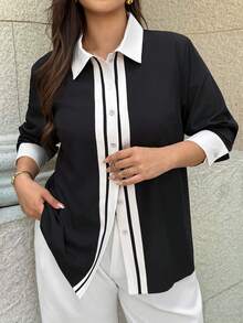 Easura Plus Size Elegant Long Sleeve Button-Front Contrast Color Commuter Women's Shirt - Black and White - View 7