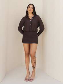 Maju Mazalli 2025 Women's Fashionable Solid Color Front Button Mini Dress Elegant - Coffee Brown - View 3