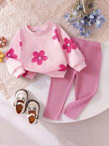 SHEIN Vintaside Kids 2件組幼兒女嬰可愛粉紫色毛絨花朵貼布繡長袖圓領衛衣褲套裝，生日家庭度假派對秋季穿搭 - 粉色 - 查看 2