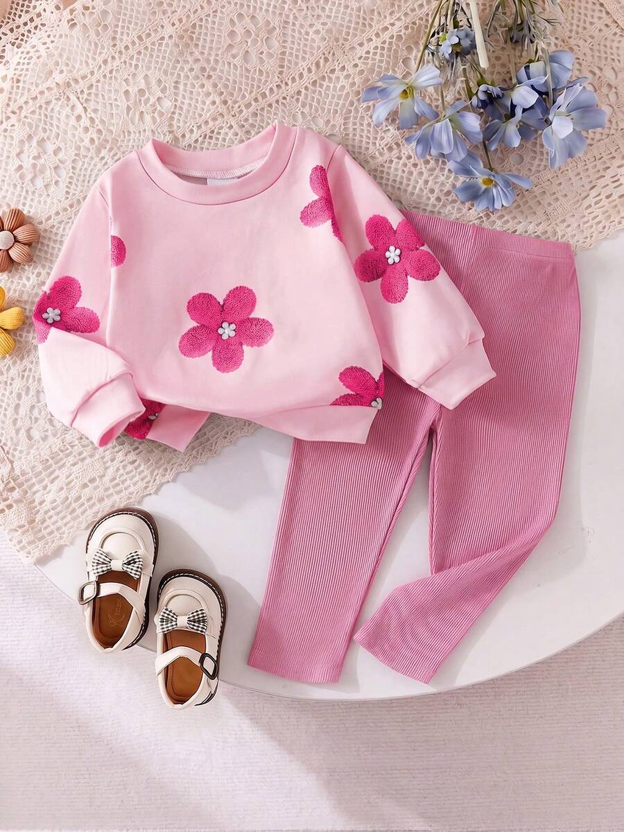 SHEIN Vintaside Kids 2件組幼兒女嬰可愛粉紫色毛絨花朵貼布繡長袖圓領衛衣褲套裝，生日家庭度假派對秋季穿搭
