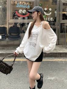 DAZY Kaos Wanita Model Bahu Asimetris Gaya Korea Musim Semi/Panas, Kaos Grafis Lucu, Atasan Longgar untuk Wanita - Putih - View 6