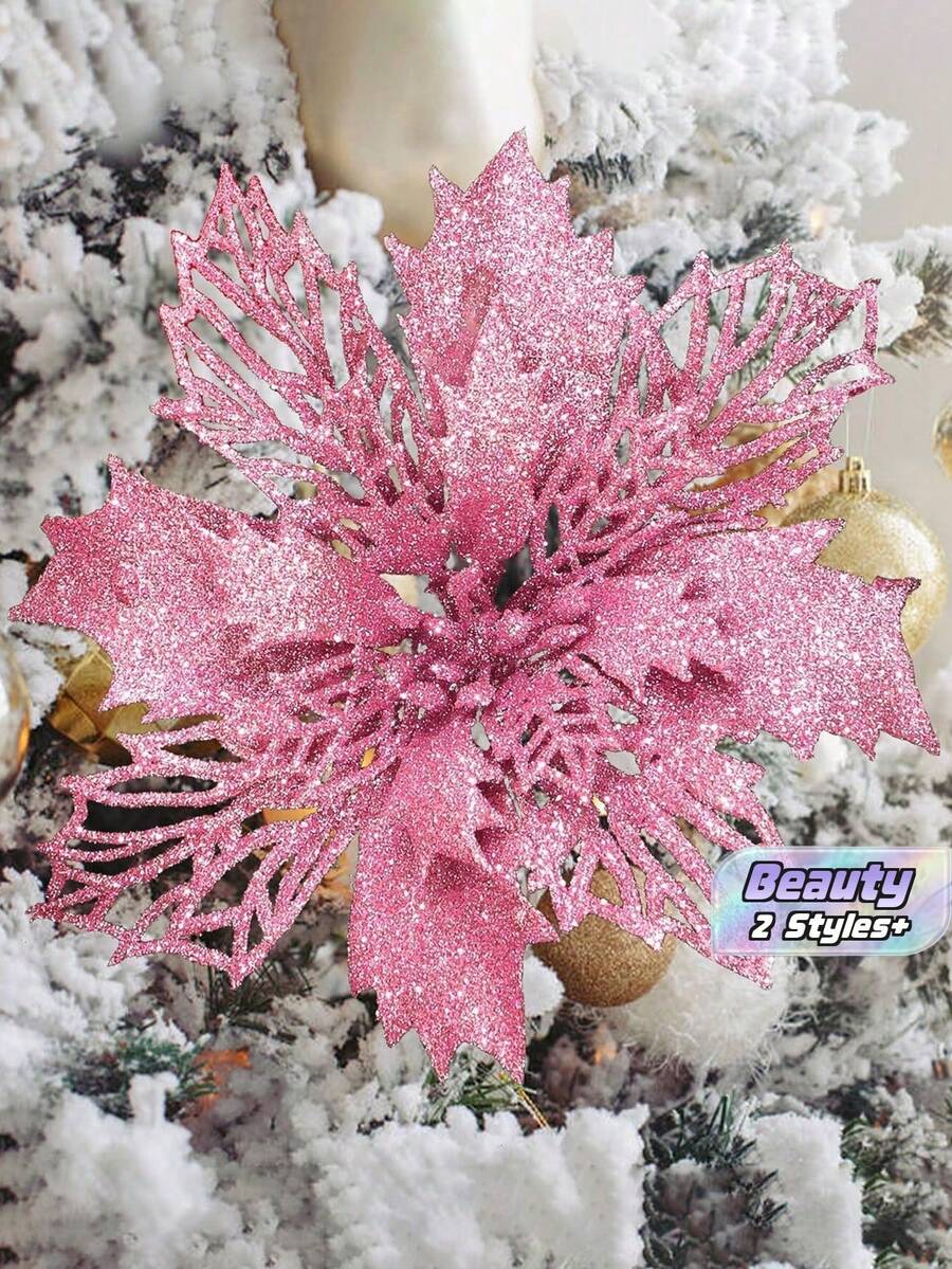 20 piezas de flores artificiales de Navidad con purpurina dorada de poinsettia con clips, cabezas de flores, adecuadas para árboles de Navidad, coronas, bodas, fiestas de Año Nuevo, escaleras, ventanas, chimeneas, patios y decoraciones festivas. - Rosa - Ver 1