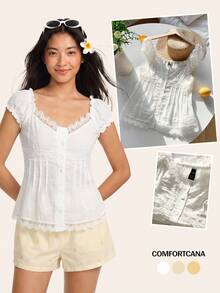 Comfortcana Women Summer Country Elegant Flowy Modest Tropical Concert Brunch Vacation White Woven Contrast Lace Blouse - White - View 8