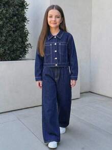 SHEIN 兒童青少年女孩深藍色寬鬆短夾克與長褲2件套，萬聖節冬季返校休閒Y2K秋冬款 - 藍色 - 查看 2