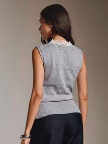 COSMINA Women's Casual Elegant Lace Collar Trim Knit Vest Everyday Work Homewear Grey Autumn - Grey - View 2