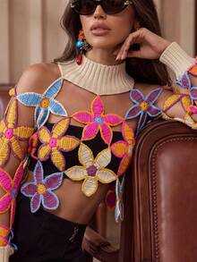Anewsta Suéter de mujer de cuello redondo con patrón floral calado, manga larga, para primavera y otoño - Albaricoque - Ver 4