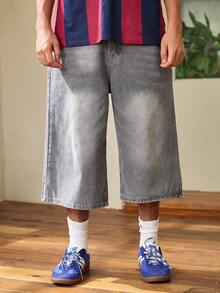 Whitmere 男款口袋百慕達復古寬鬆牛仔短褲，休閒日常穿搭 - 灰色 - 查看 5