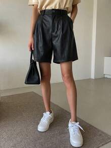 DAZY Fashionable Versatile Solid Color Wide Leg Mid-Length Pants - Black - View 4