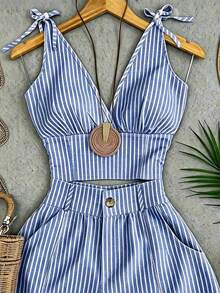 SHEIN Franclia Women's Striped Pleated Top And Shorts Casual Coastal Chic Tropical Daily Mid-Length Vacation Beach Blue And White Stripe Summer - Blue - View 3