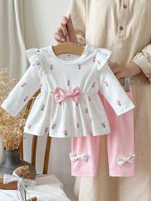 SHEIN Newborn Spring/Autumn Brown Heart Print Top With Bow Knot Decor Pure Black Long Pants  2-Piece Set Suitable For Outings, Sports, Christmas Parties - Pink - View 6