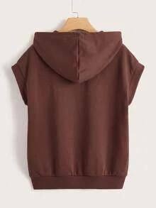 SHEIN EZwear 拉鍊前口袋設計抽繩連帽衛衣 咖啡棕色 夏季休閒日常旅行健身 - 棕色 - 查看 2