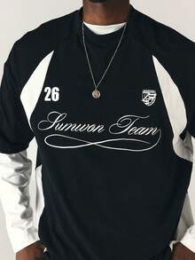 SUMWON Team 大廓型拼色球衣 T-shirt，草寫字母印花與 26 號圖案，圓領短袖上衣 - 黑色 - 查看 5
