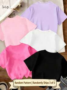 (Random Patterns,Randomly Ships 1 Of 3) Girls' Fashion Creative Pastel Floral Hollow Heart Leopard Print Fun Letter Pattern Basic Short Sleeve T-Shirt - Multicolor - View 2