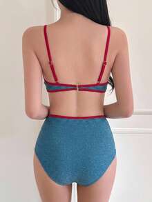 DAZY Setelan Baju Renang Dua Potong Gaya Liburan untuk Anak Perempuan: Atasan Tank Top Berkilau yang Melangsingkan dan Bawahan Bikini Segitiga Warna Kontras - Biru - View 2