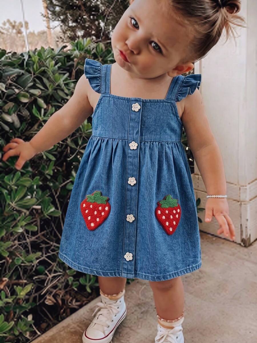 THE HAPPY LOOK Young Girl Strawberry Print Ruffle Hem Waist Cinched Dress - Blue - View 1