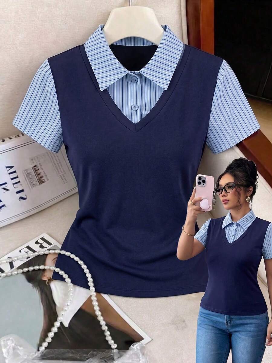 IslaSuriya Women's Fashion Casual Striped Short Sleeve 2 In 1 T-Shirt - Navy Blue - View 1