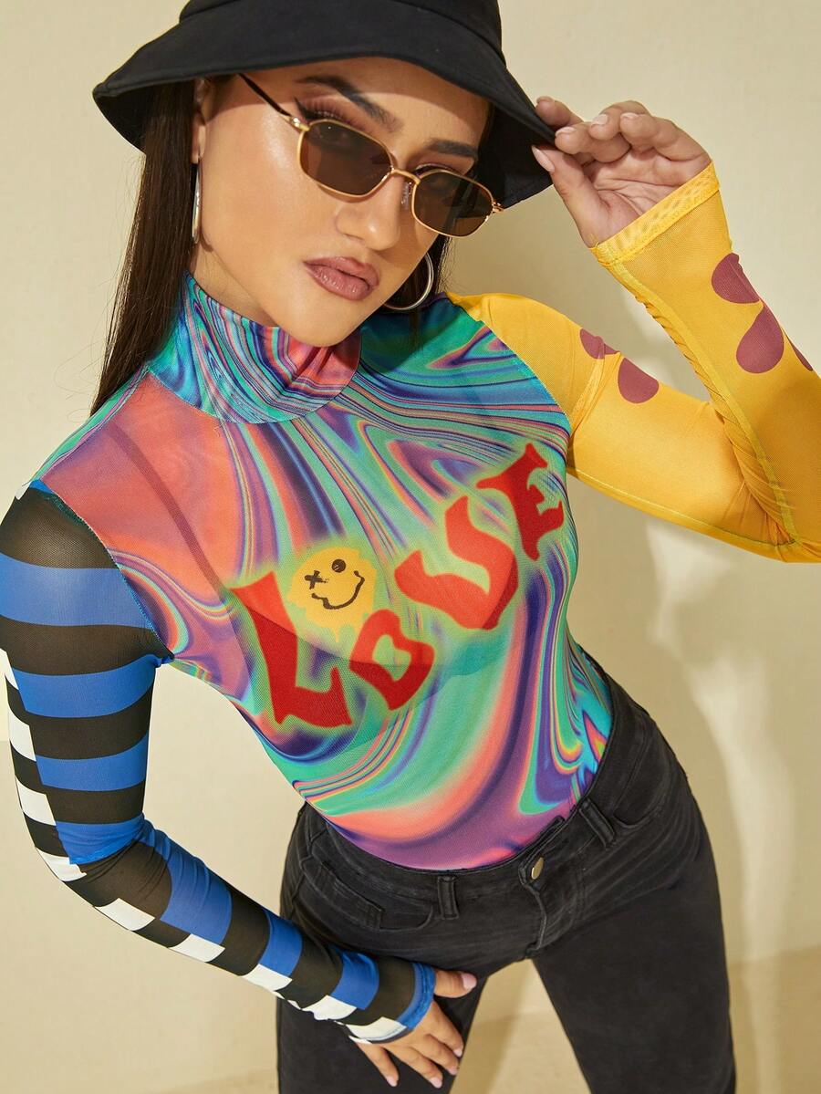 SHEIN ICON Mock Neck Letter & Cartoon & Striped Pattern Colorblock Y2k Graphic Top - Multicolor - View 1
