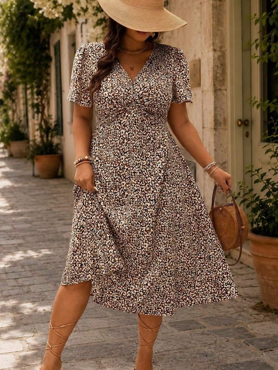 Embrisa Plus Size Boho Teacher V-Neck All-Over Print Summer Short Sleeve Twist Front Dress