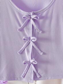 SHEIN Elladie kids 溫柔芋紫色女童兩件套，短款長袖開襟衫搭配花卉細肩帶洋裝，蝴蝶結前開襟與荷葉邊袖口設計，全紫色碎花，柔軟面料，法式鄉村風，適合嬰兒與幼兒日常穿著、野餐、拍照 - 紫色 - 查看 7