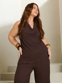 Lele Munniz Chocolate Brown Plus Size Women 2 Pieces Set: Halter Top & Pants - Chocolate Brown - View 3