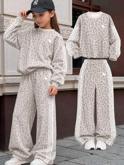 Set vintage fashion cu hanorac pulover și pantaloni largi, imprimeu leopard, gri deschis și alb cu dungi, pentru fete tween, casual, larg, moale, gros, cu umeri lăsați, mânecă lungă și guler rotund, potrivit pentru toamnă/iarnă, zilnic, stradă, exterior, sport, campus, întoarcere la școală