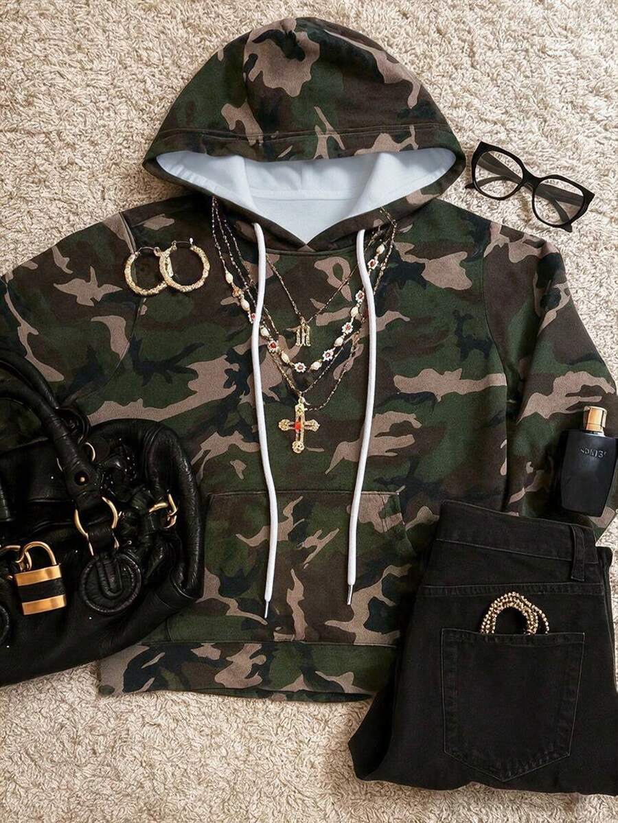 Attitoon Women's Fashion Street Camouflage Print Pocket Long Sleeve Hooded Sweatshirt - Multicolor - View 1