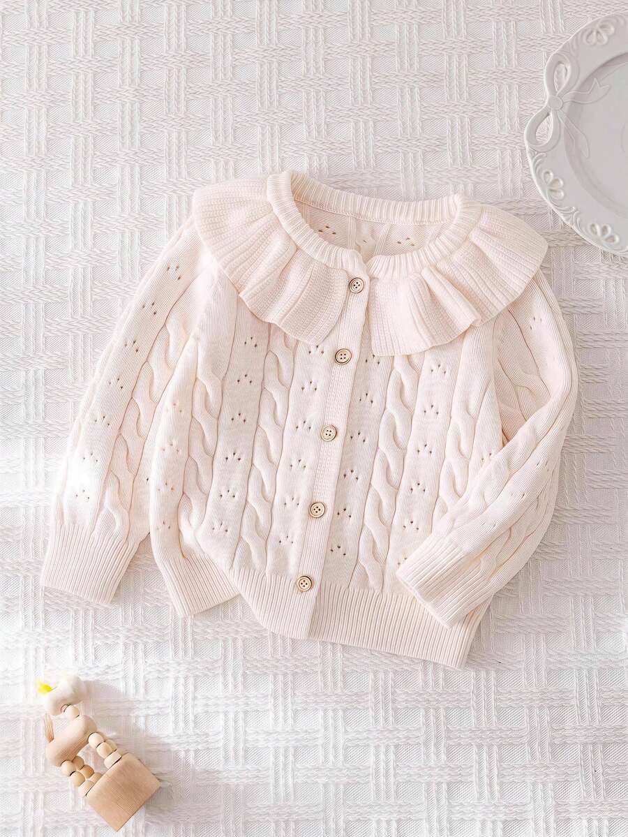 SHEIN Baby Girl Solid Color Knit Ruffle Trim Round Neck Casual Cardigan - Burgundy - View 1