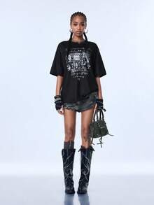 Y2Kool Women's Black Graphic Casual Streetwear Grunge Versatile Mid-Length Loose Fit Printed Short Sleeve T-Shirt Summer Concert Rave Halloween - Black - View 5