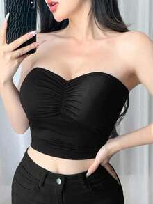 DAZY Top bandeau plisado con acolchado incorporado, para hacer ejercicio - Negro - Ver 5