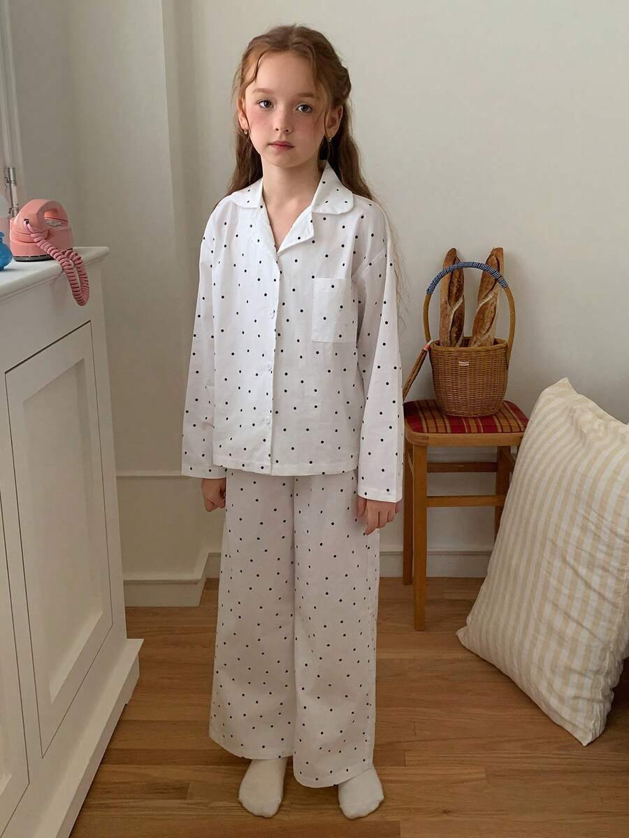DAZY Tween Girl Polka Dot Print Long Sleeve Single-Breasted Pocket Top And Pants Loungewear Fall - White - View 1