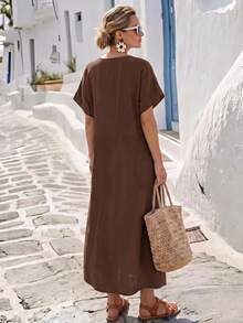 Faunlyn Women's Vacation Casual Tropical Minimalist Colorblock Patchwork Dress Shades Of Brown Summer Picnic - Brown - View 2