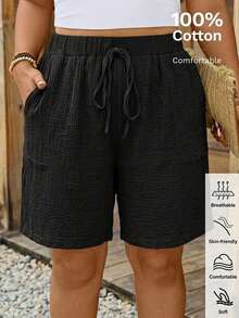 Comfylo Plus Size Textured Solid Color Drawstring Waist Pocket Shorts For Vacation Bussines Vacation Carribean Black Summer Casual - Black - View 7