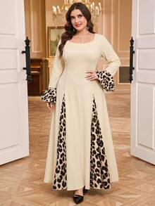 Reflora Plus Size Women's Leopard Print Colorblock Casual Party & Travel Dress Fall - Apricot - View 1