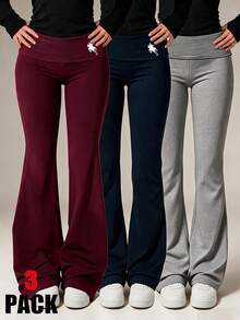 SHEIN 青少年女孩長褲 3 件組，休閒寬鬆版型，保暖秋冬款，彈性腰頭，街頭風工裝運動褲，酒紅、海軍藍、灰色 - 彩色 - 查看 1