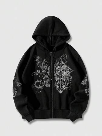 Goth Herren Hoodie mit Kreuzdruck und Reißverschluss
