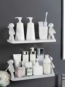 6pcs Renter-Friendly "Little Person" Wall Mounted Storage Racks, No Drill Self-Adhesive Floating Shelves (5.5 Lbs Capacity), Creative Human Shaped Bathroom Organizer, White Dorm Essential Storage Rack, Modern Kitchen Spice Rack - Multicolor - View 7