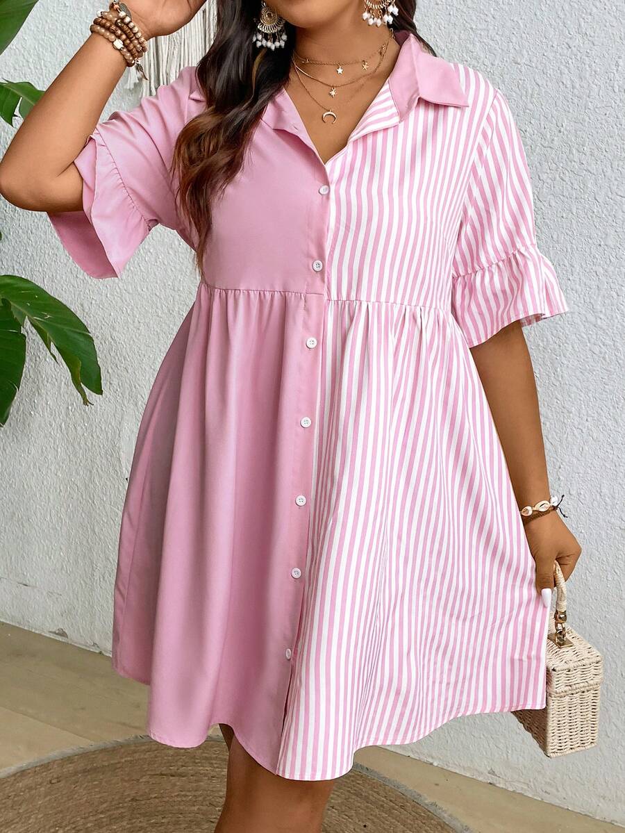 SHEIN Clasi Vestido tipo camisa con botones frontales, parche de rayas y talla grande para vacaciones casuales - Rosa - Ver 1