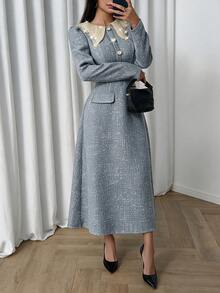 Modelyn 女款秋季長袖藍色粗花呢領飾假口袋鈕扣收腰A字優雅法式洋裝，適合早午餐與茶會 - 藍色 - 查看 5