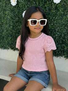 SHEIN LMoss Kids LMoss Young Girl Knitted Solid Color Round Neck Lace Ruffle Trim Fitted T-Shirt - Pink - View 2