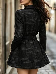 SHEIN Autumn/Winter Elegant Wool Blend Waist-Cinching Flared Women's Blazer Jacket With Lapel Collar, Suitable For Commuting And Daily Wear - Black - View 3